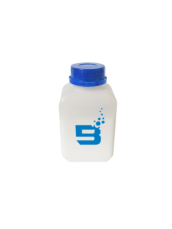 h2booster waterstoftherapie A white caustic soda 210 gram booster bottle with a blue lid on it.
